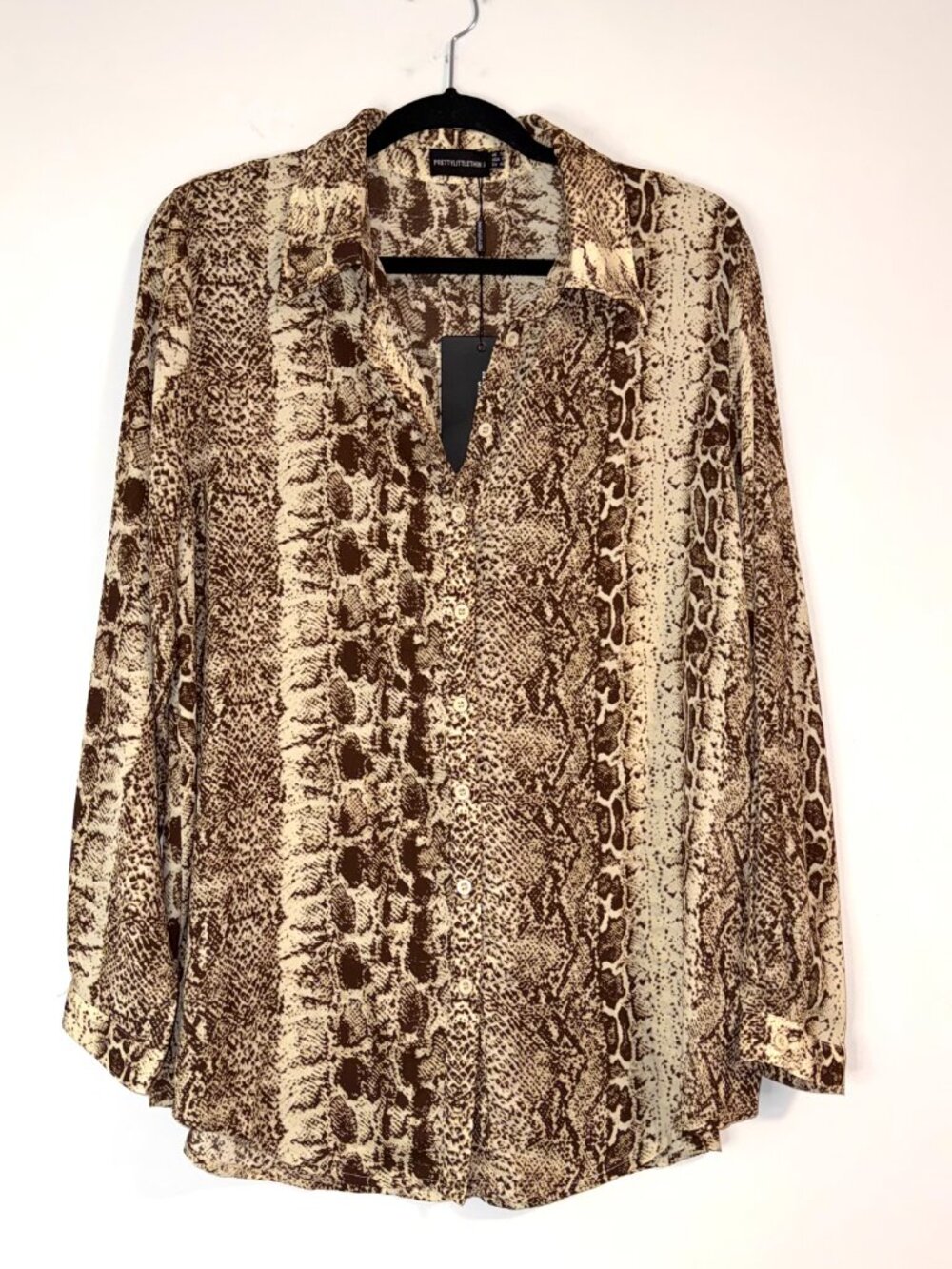 NWT PLT Brown Snake Print Oversized Button Up Sheer Blouse Sz 8